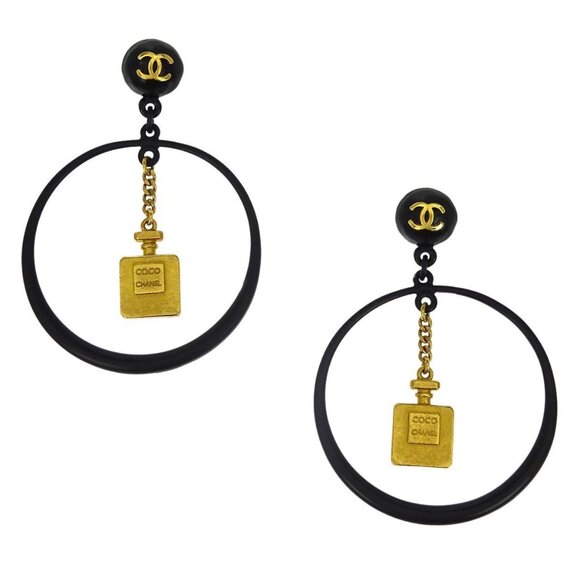 Chanel Gold Black Hoop Dangle Perfume Bottle Earrings Clip-On 94C 116276 - Picture 5 of 8